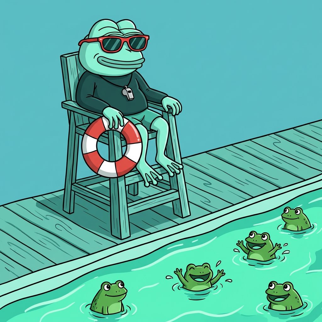 Hyper Pepe as a lifeguard watching small frogs swim in the mint pool