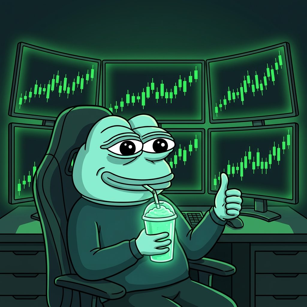 Hyper Pepe at a trading desk with green charts, sipping a mint smoothie