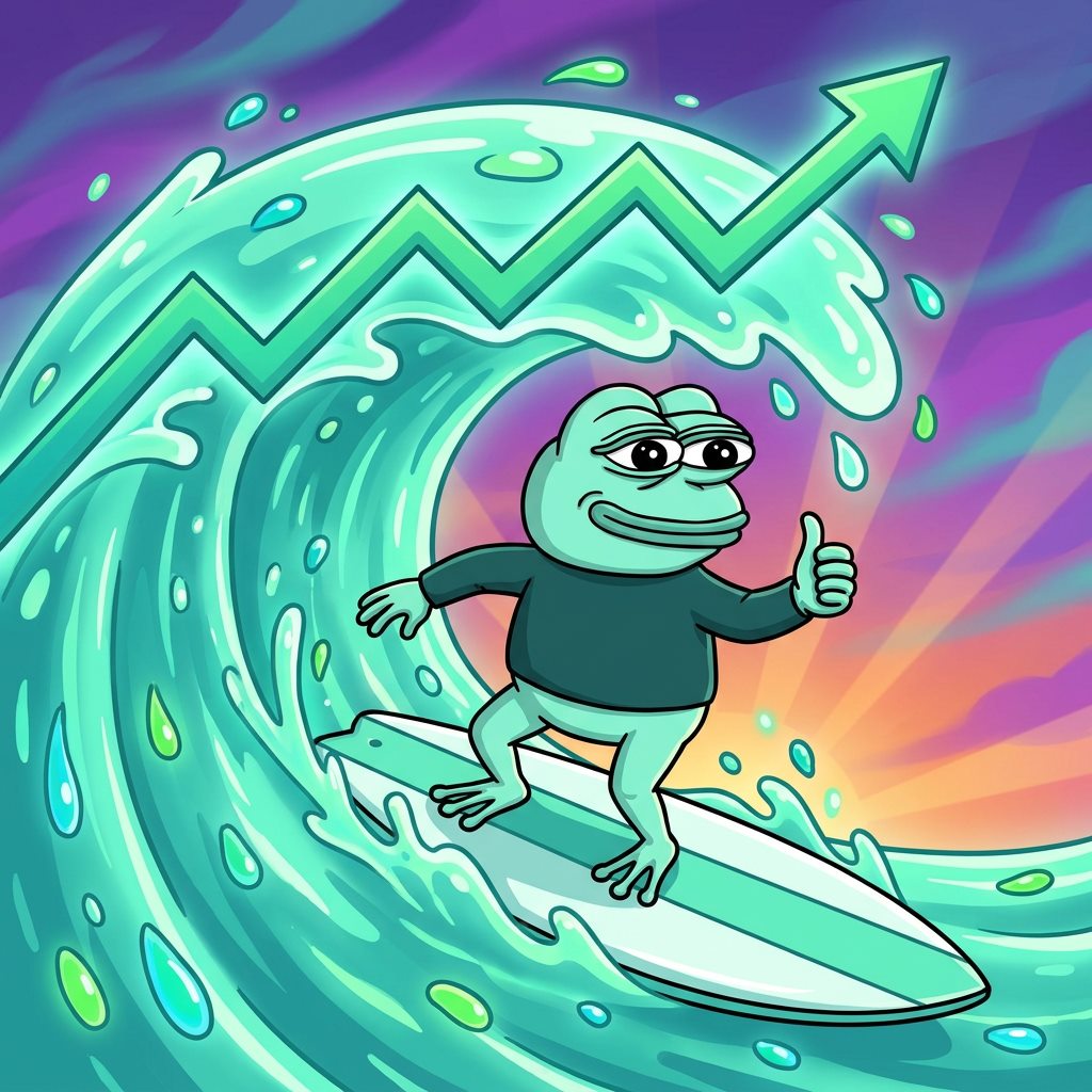 Hyper Pepe surfing a giant mint wave shaped like a rising chart