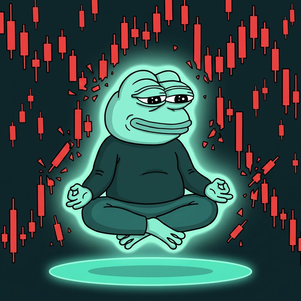 Hyper Pepe meditating calmly while red candles crash around him