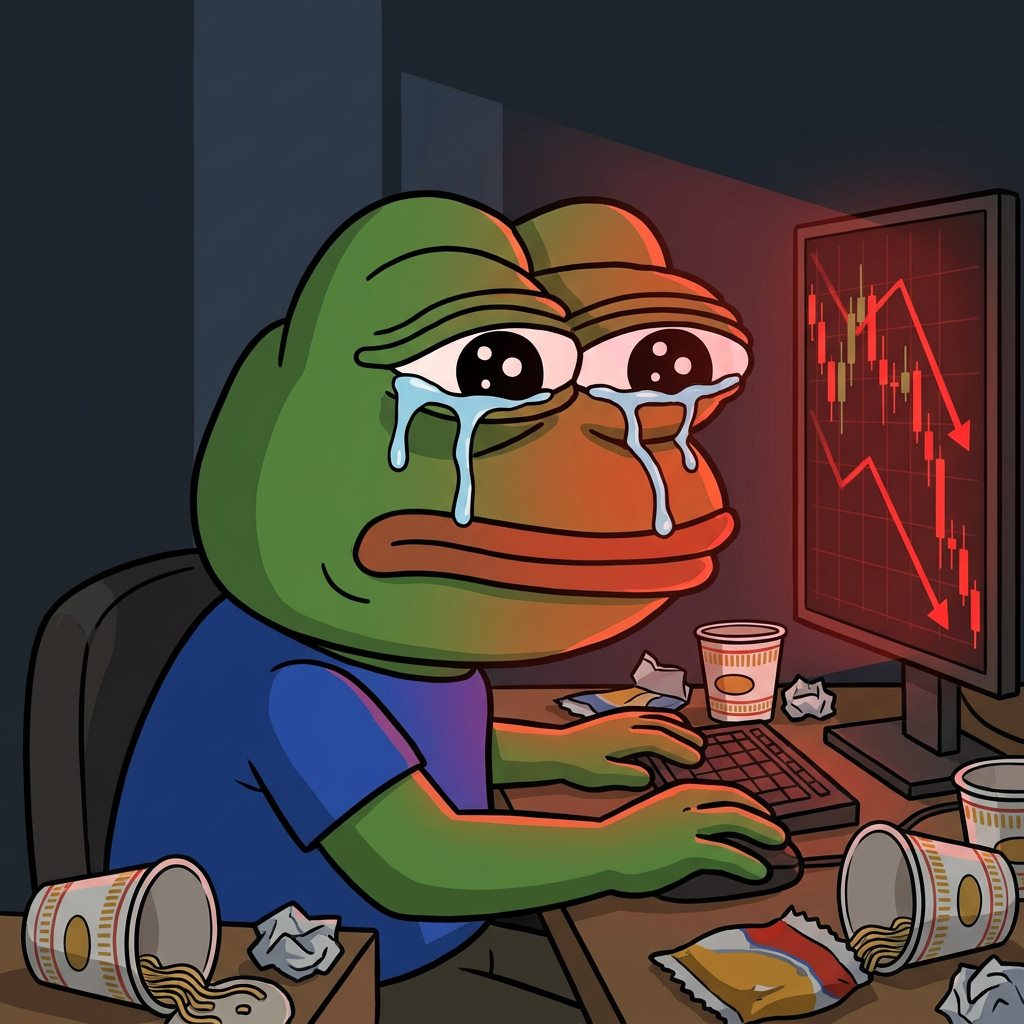 Green Pepe crying at his desk in front of a crashing red chart