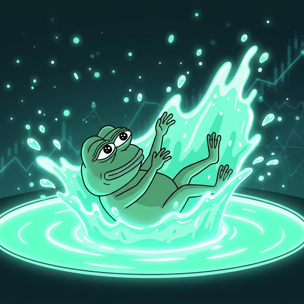 Green Pepe falling backwards into a glowing mint pool