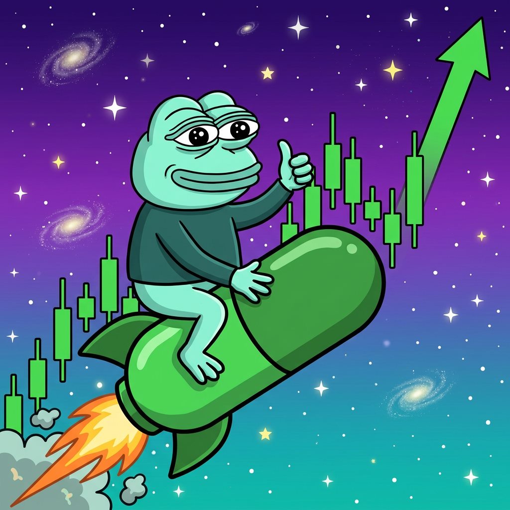 Hyper Pepe riding a green pill rocket through a purple Solana sky